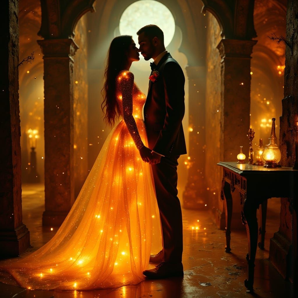 Futuristic Woman in Glowing Amber Dress, Emotional Cyberpunk...