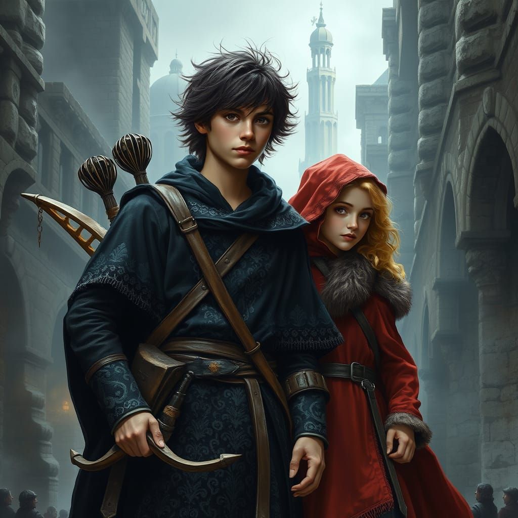 Fantasy Scene: Cloaked Figures in a Dark City