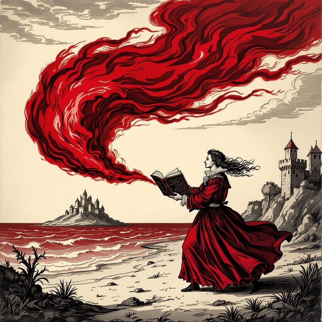 Elizabethan era illustration, monochromatic crimson. A crimson wind blows through an island, funneling from a magic book...