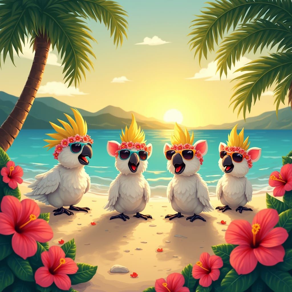 Vibrant Beach Party with Cockatoos and Quokkas in Tropical S...