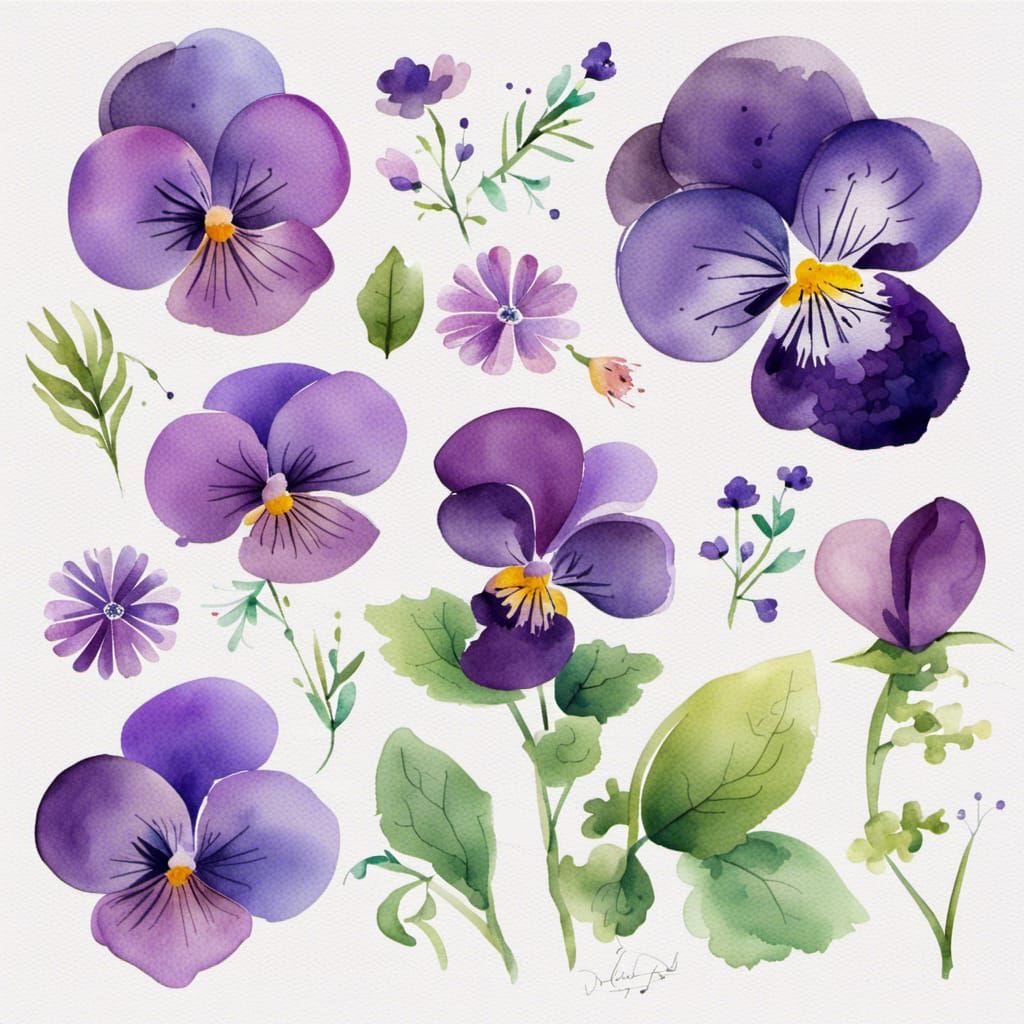 Watercolor Viola Clipart Floral Elements
