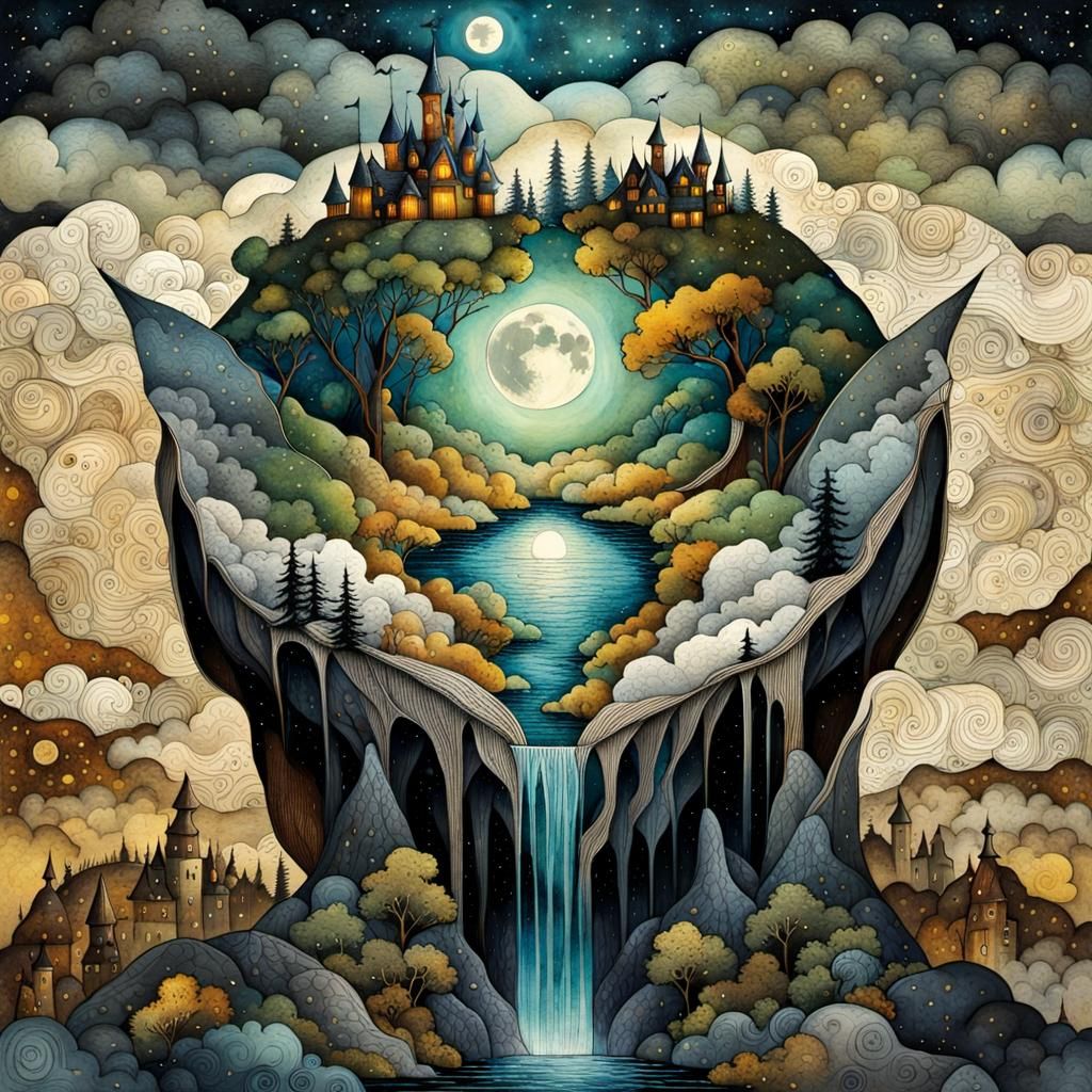 Mythological Moonlit Dreamscape in Vintage Illustration Styl...