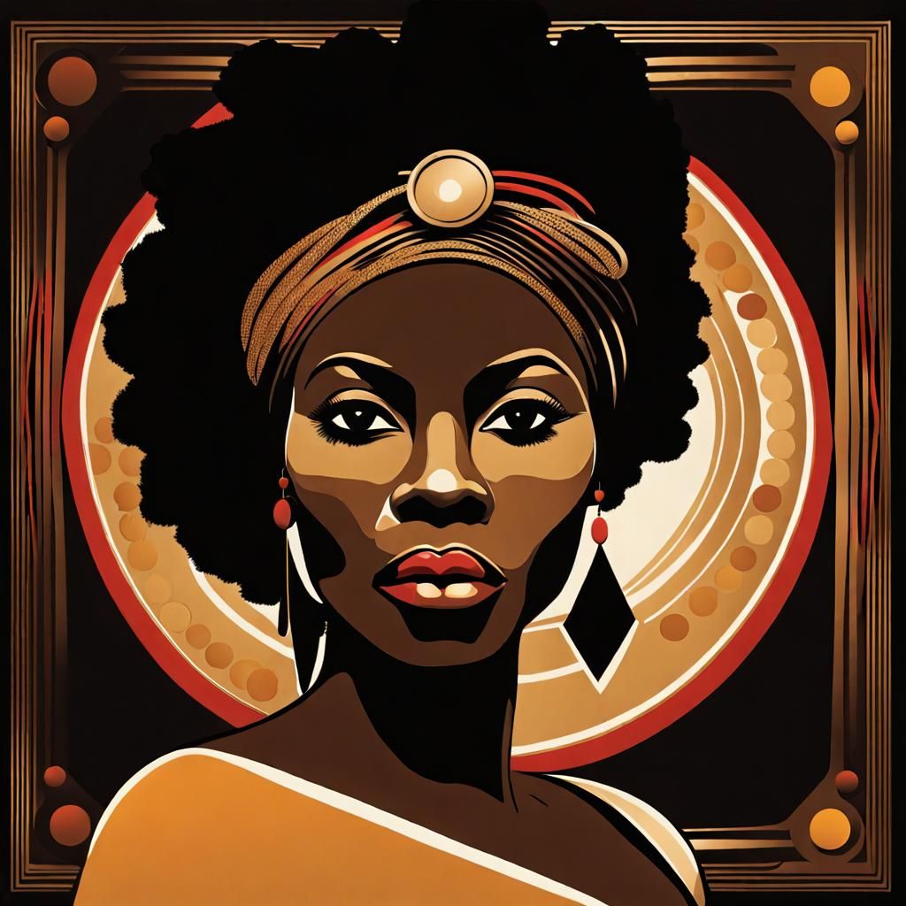 Retro Poster of African Woman in Black, Gold, Red