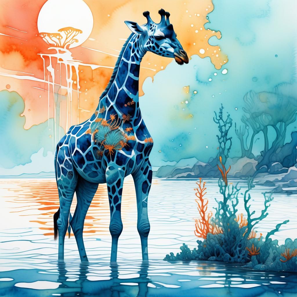 Blue Giraffe with a Gun, Watercolor Fantasy Art