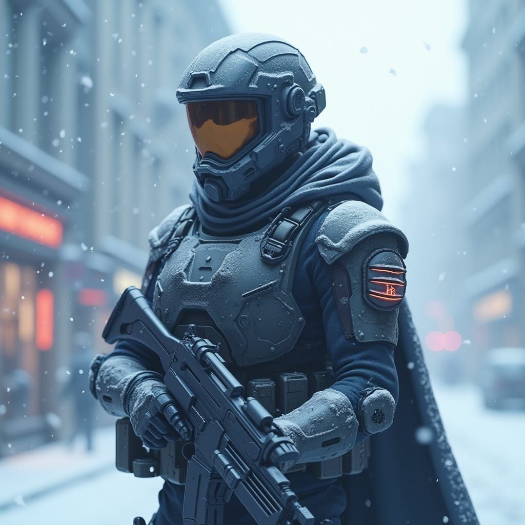 Scifi Soldier Anime Boy in a snow storm...
