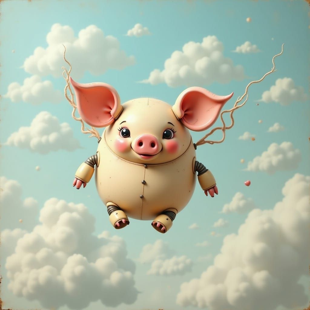 Surreal Flying Pig Robot in Whimsical Cloud Scapes