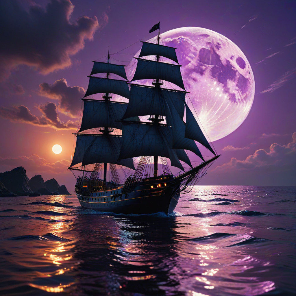 Ethereal Ship Sails Against Vibrant Purple Skies Under Full...