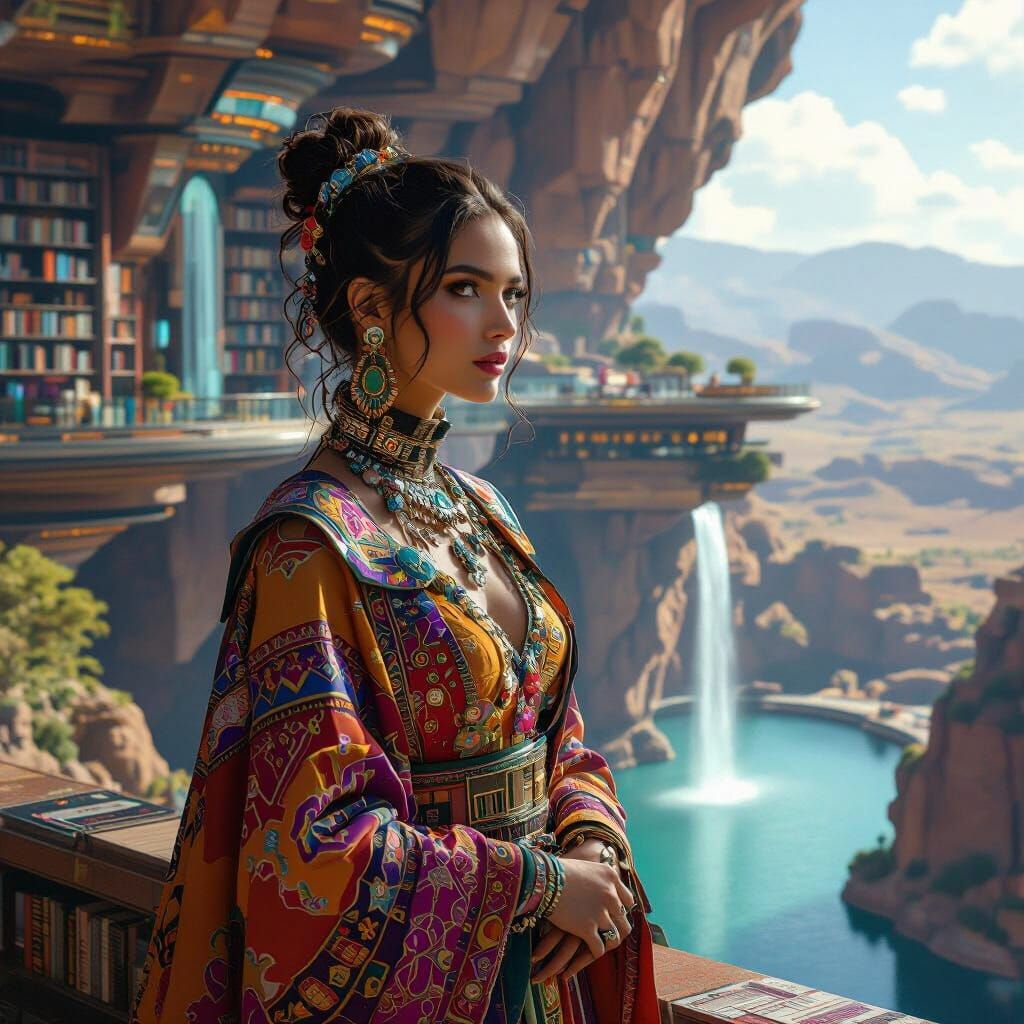 Futuristic Cliffside Library with Woman in Colorful Clothing