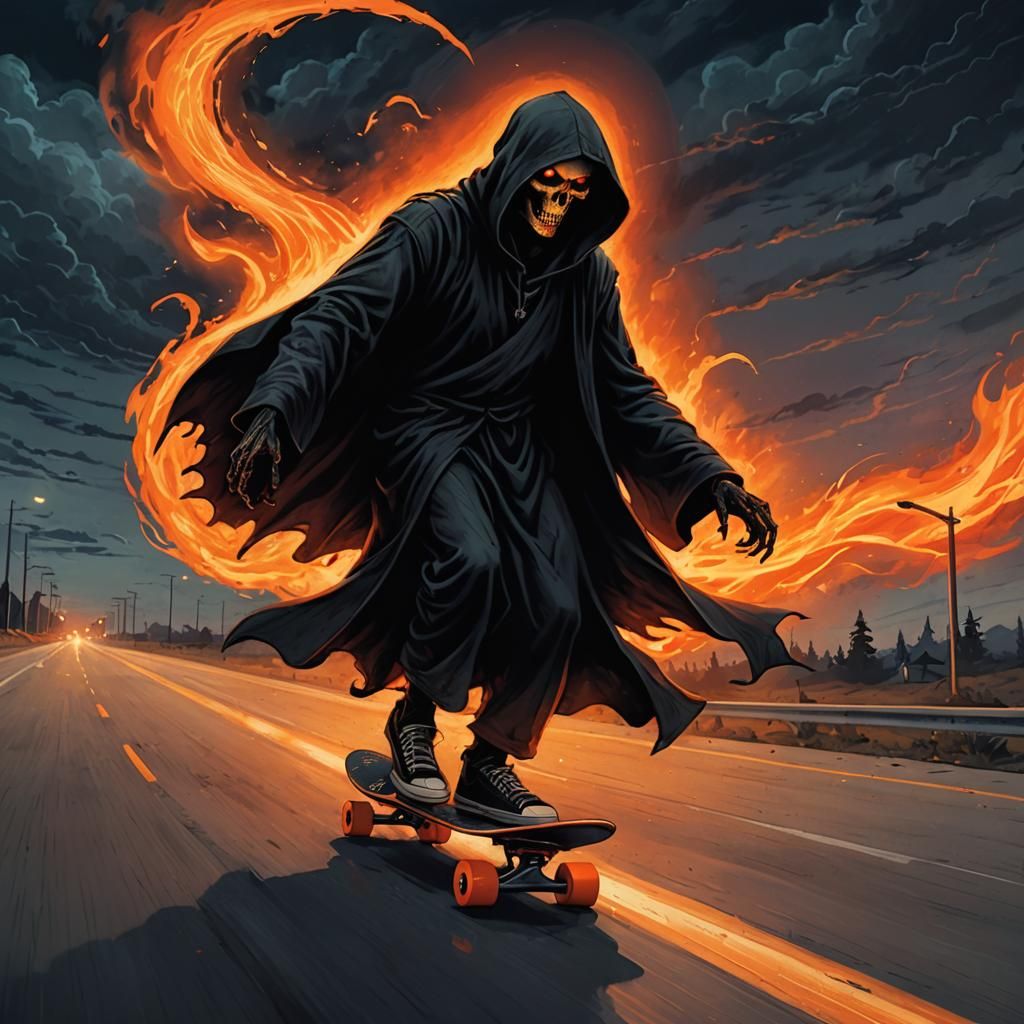 Grim Reaper Skateboarding: Dark Fantasy Illustration