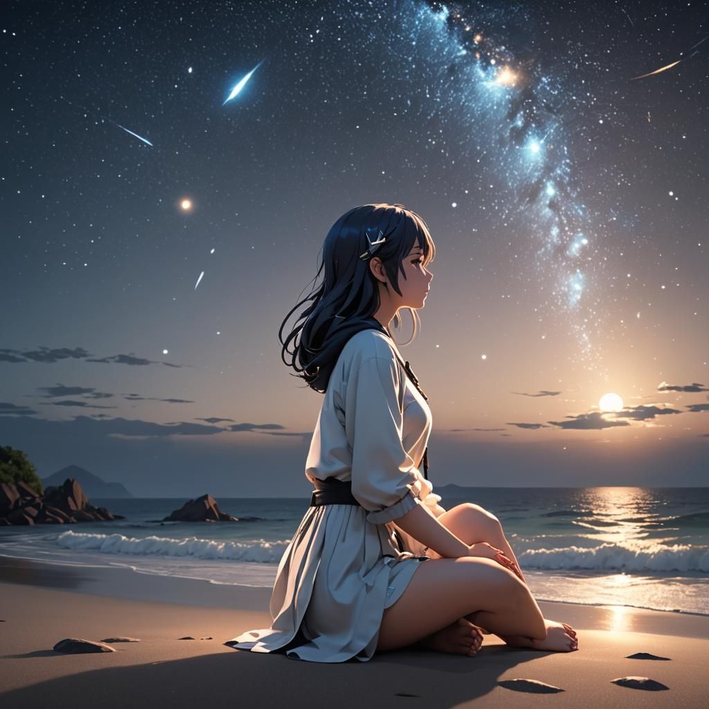 Tranquil Anime Scene: Person Gazing at Starry Night