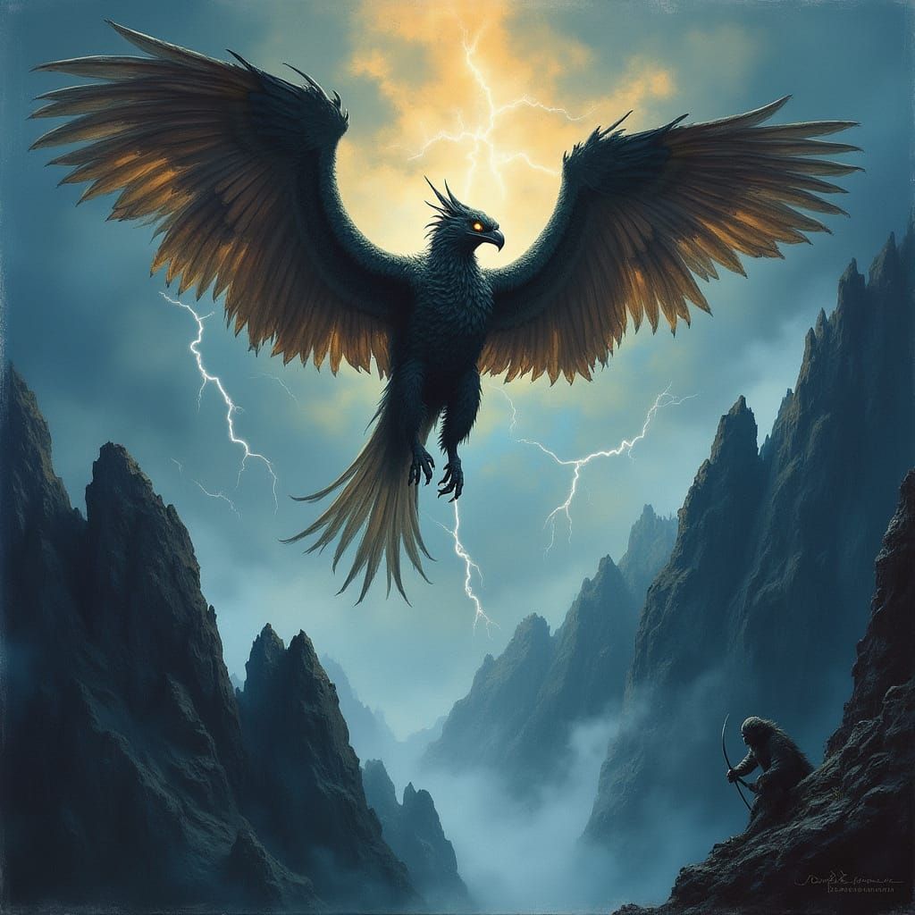 Majestic Griffin in Dramatic Stormy Landscape, In Frank Fraz...