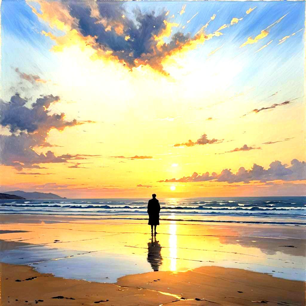 Solitary Figure on Windswept Sunset Beach