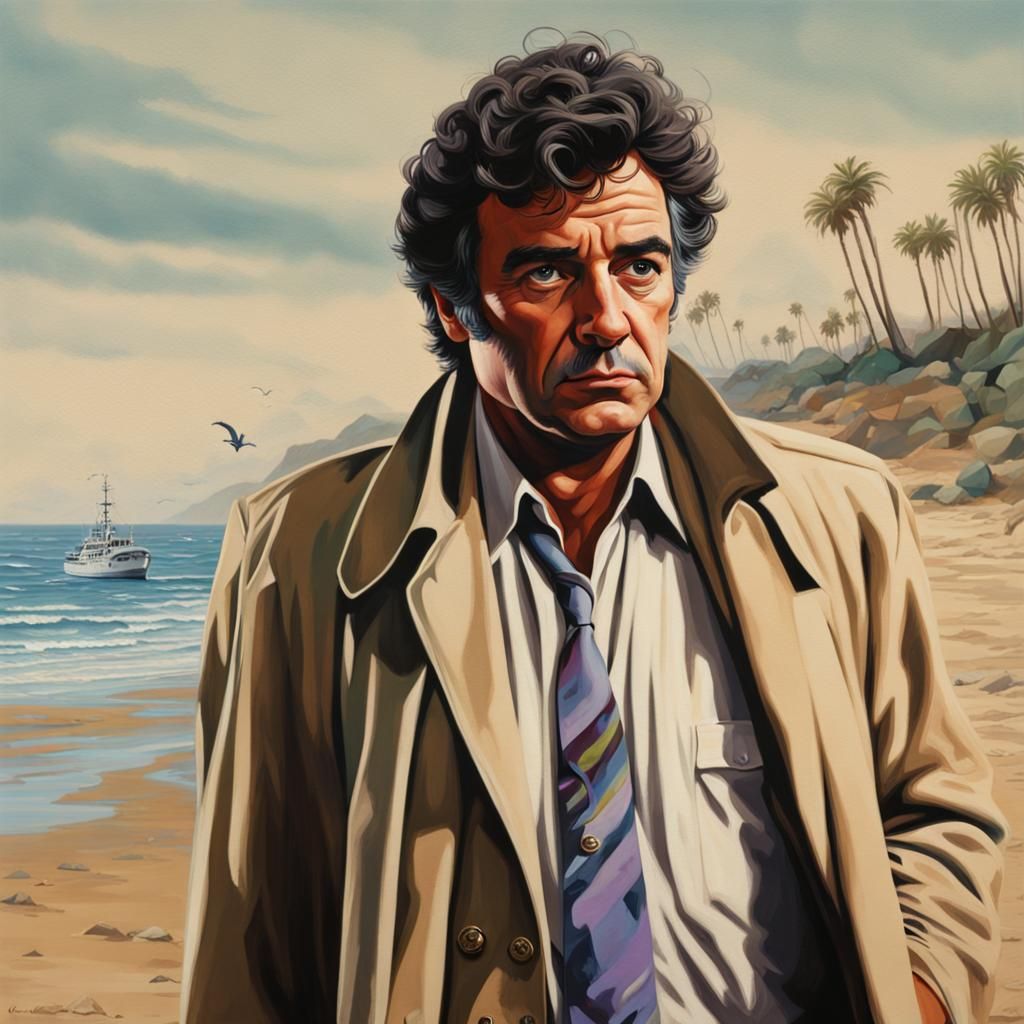 Hyperrealistic Detective Columbo Walks on Beach