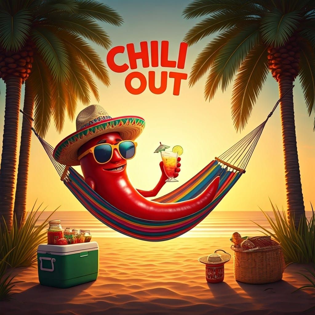 Chili Pepper Relaxing in Hammock, Photorealistic Digital Art