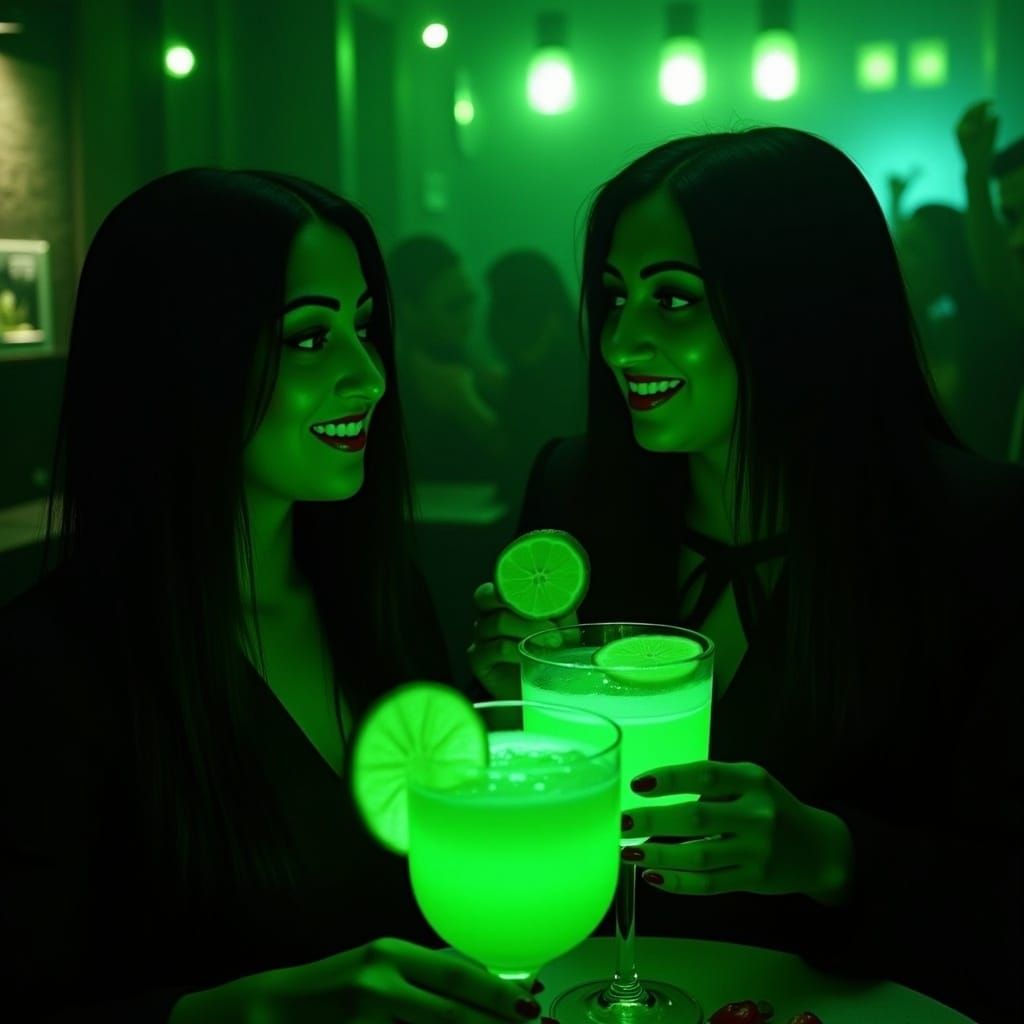 Green Neon Cocktail Bar Social Scene in Digital Art Style