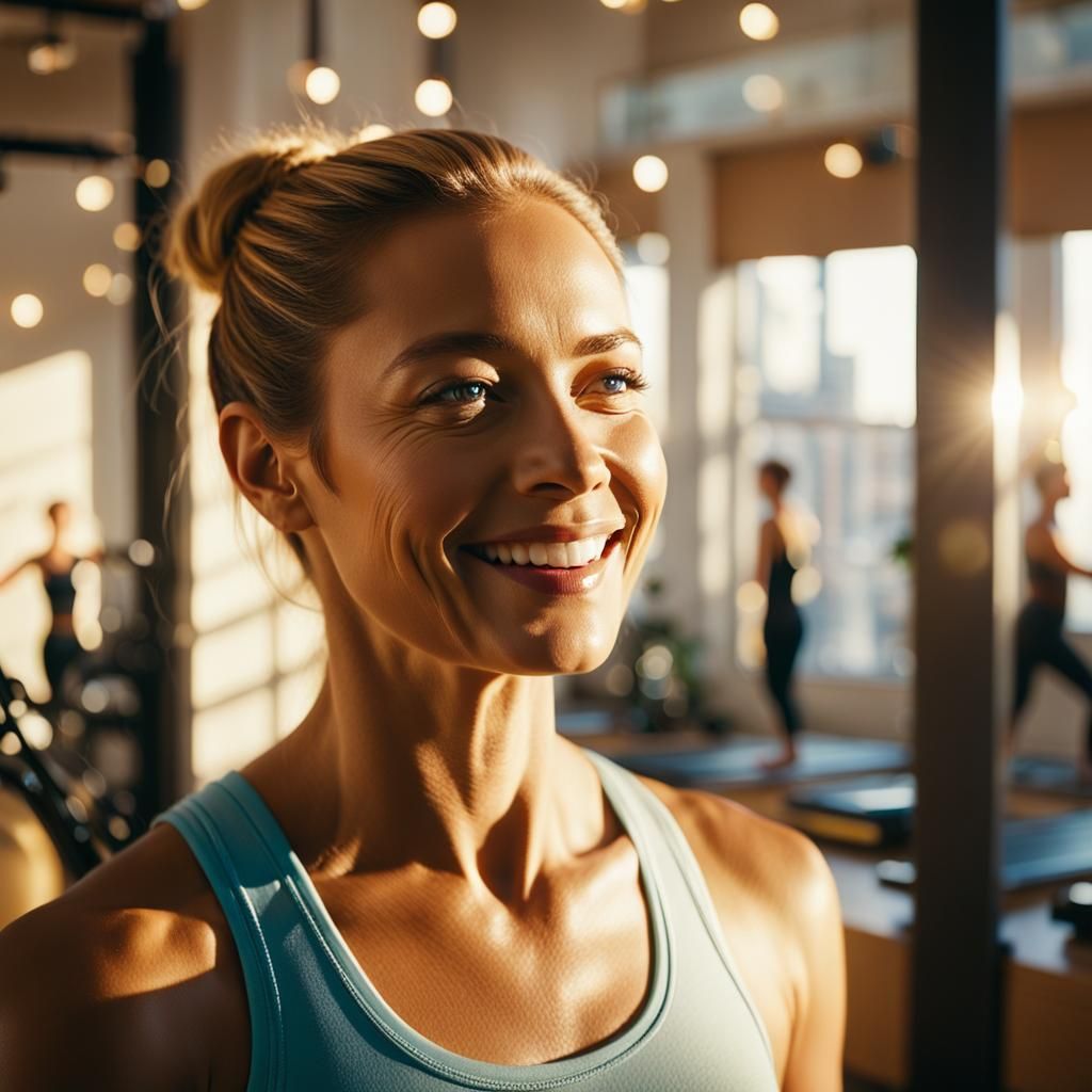 Joyful Pilates Instructor: Cinematic Film Still