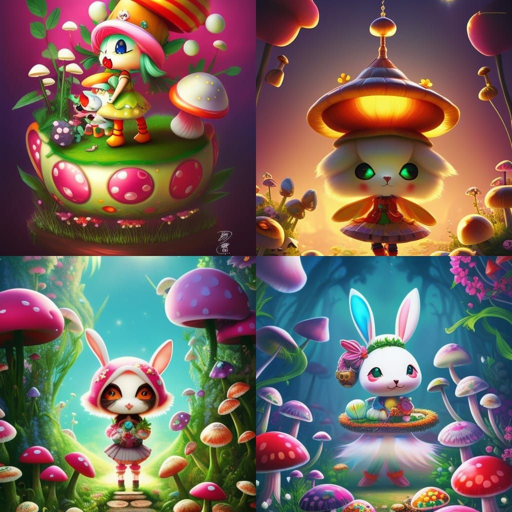 cartoon character; [chibified cute adorable bunny in the wonderland] centered, [mushrooms and plants on edge] anime styl...