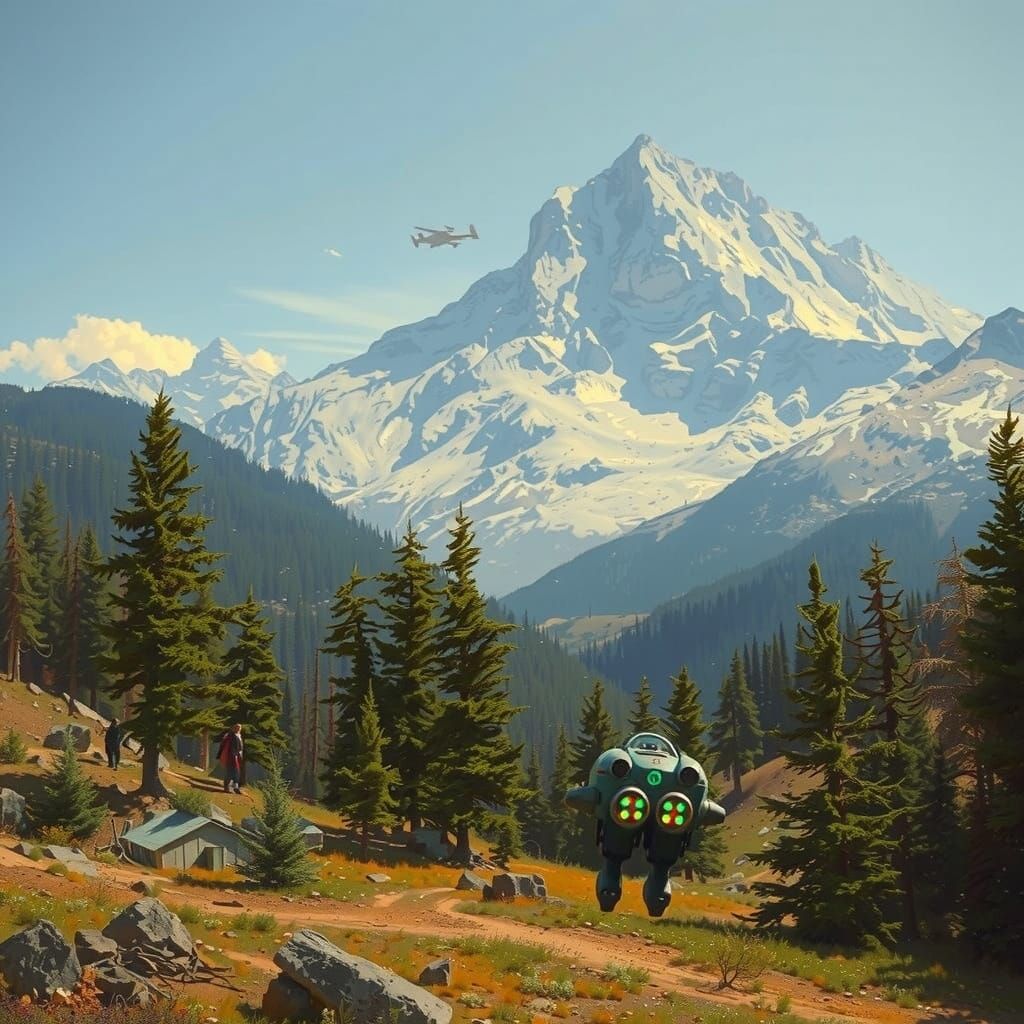 Futuristic Spaceship Soaring Over Snowy Mountains