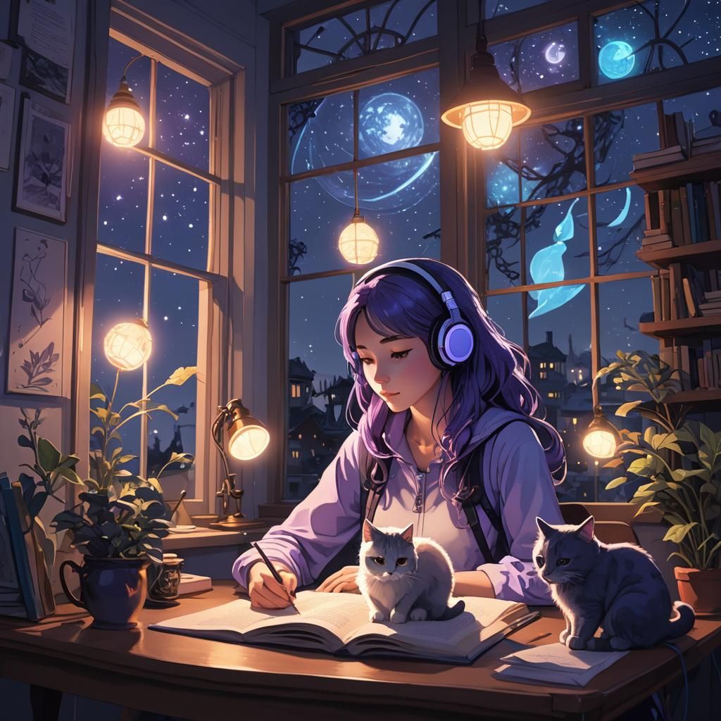 Lofi Girl Studying at Night in 3D Anime Style