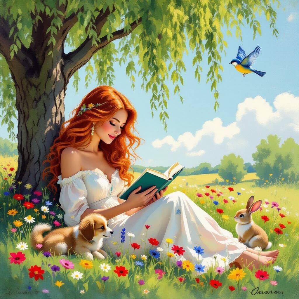 Woman Reading Under Willow Tree with Puppy in Impressionist ...