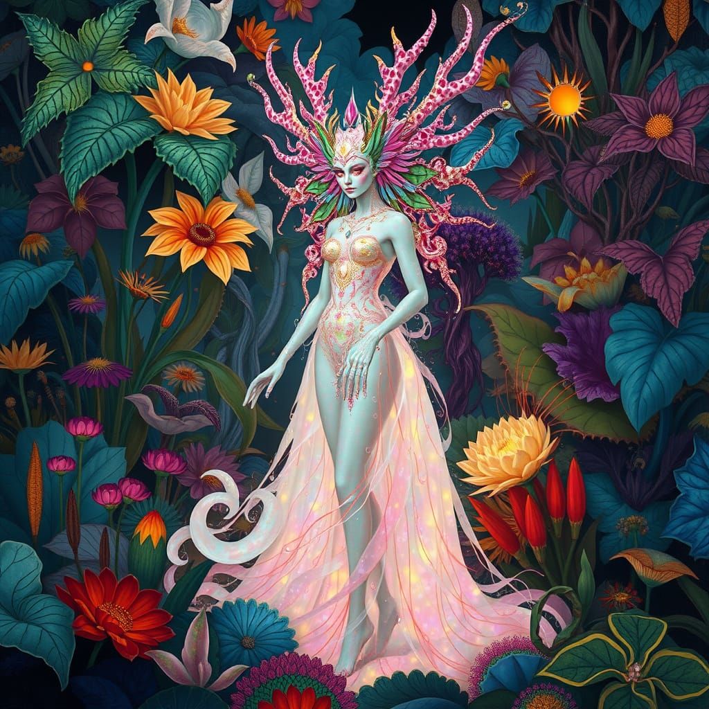 Surreal Goddess Reigns in Vibrant Fantasy Landscape