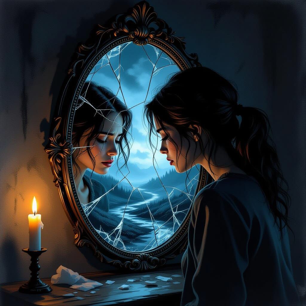 Surreal Portrait of Guilt and Sadness in Ornate Mirror