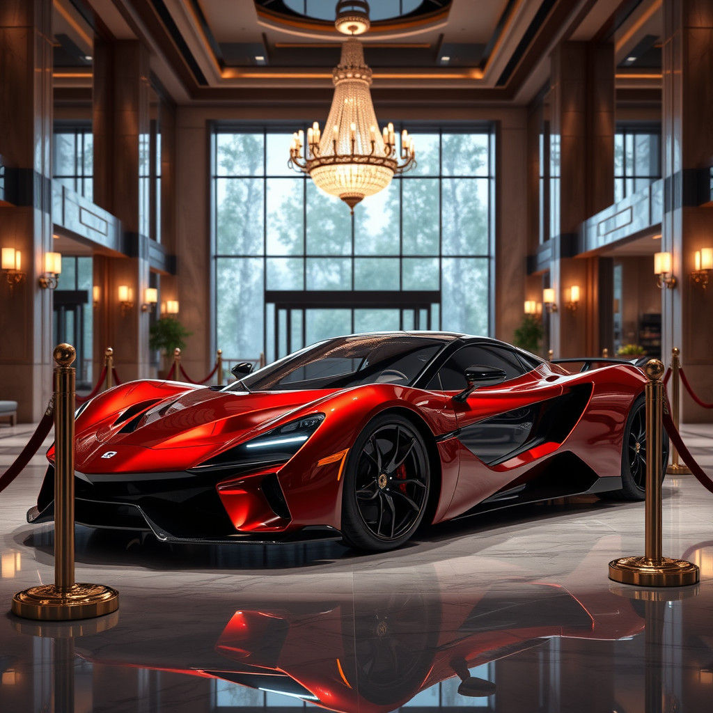 Opulent Sports Car Display in Hotel Lobby