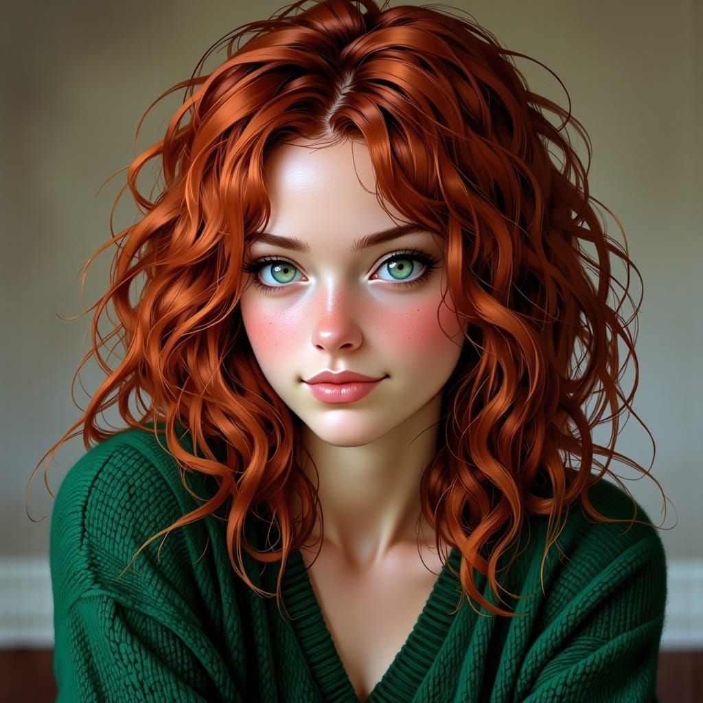Happy Woman Portrait with Red Hair in Photo Style