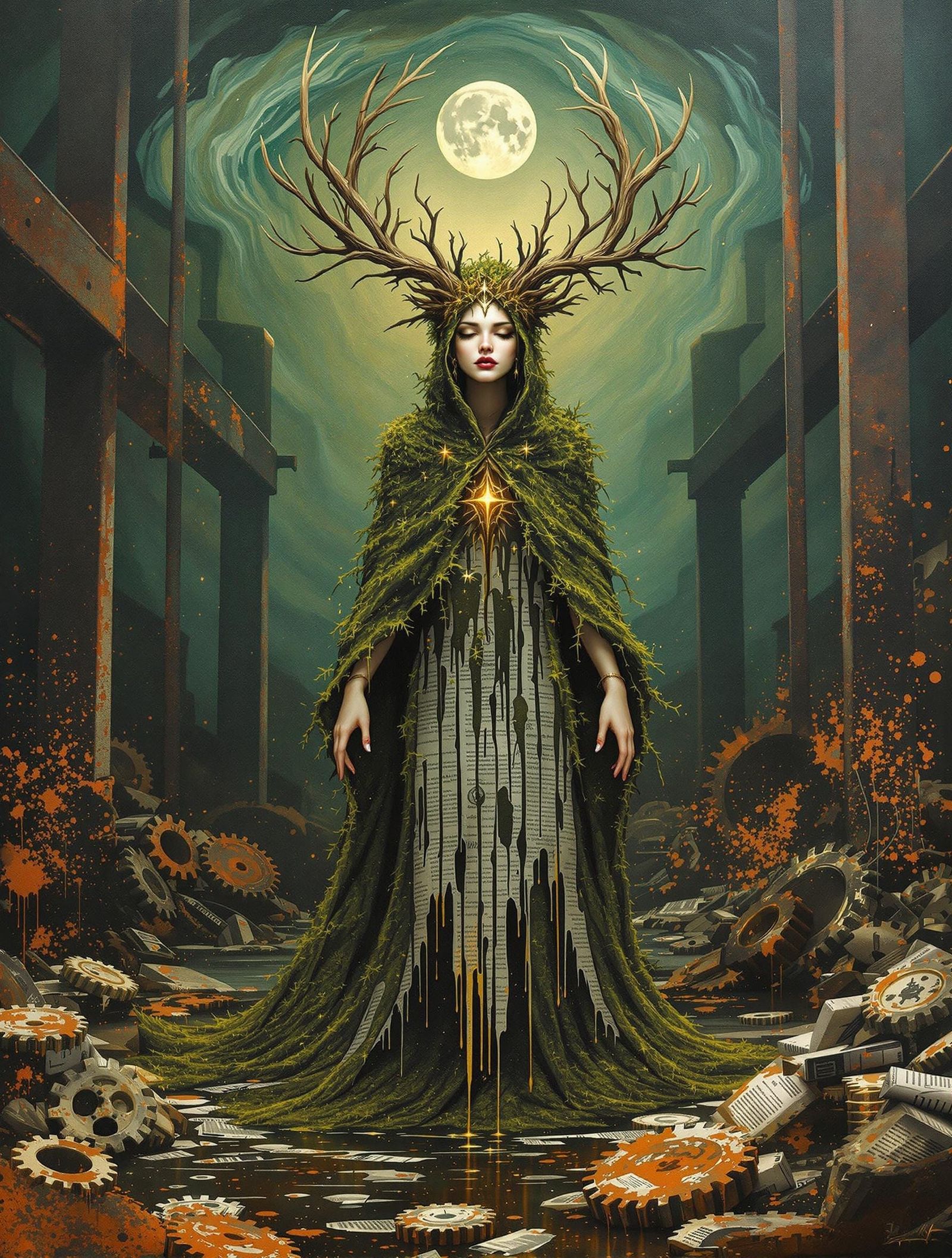 Forest Spirit Ascends Amidst Ruin in Corroded-Lace Painting