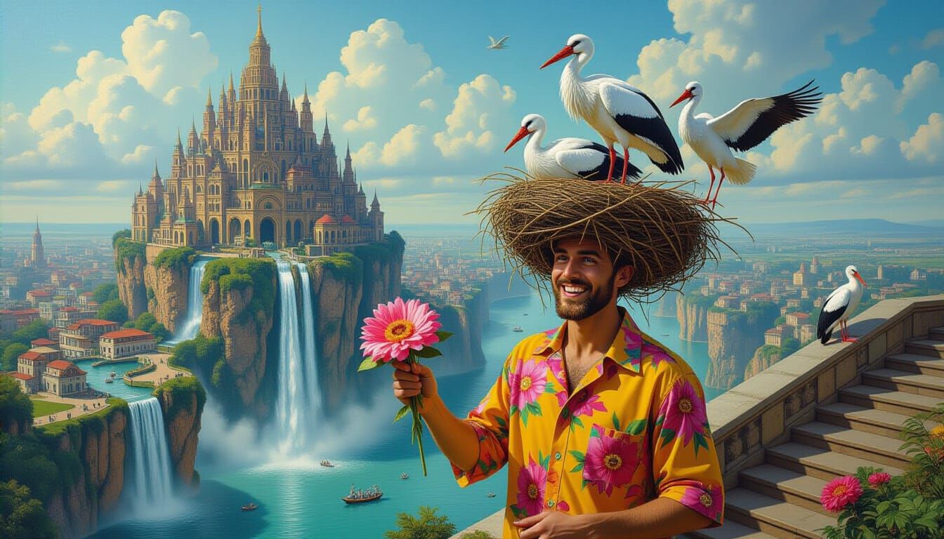 Surreal Floating City in Hieronymus Bosch Style