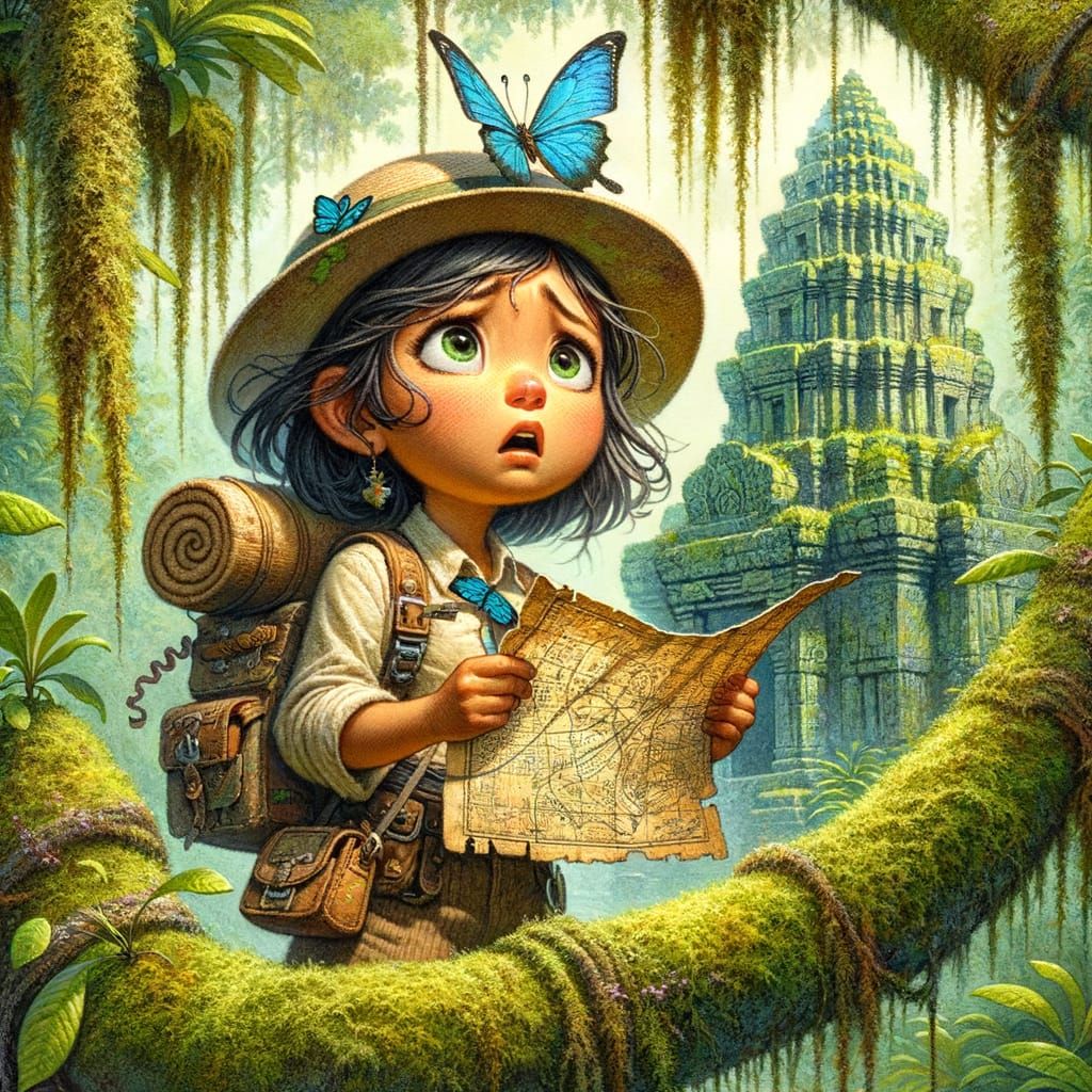 Bewildered Explorer with Blue Butterfly in Dreamscape
