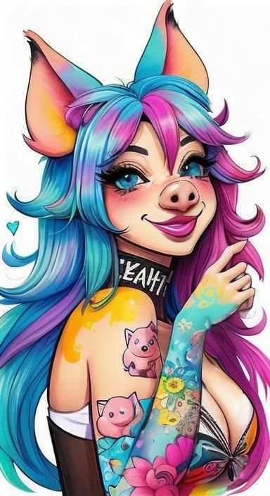 Colorful Cartoon Pig Girl in Furry Art Style