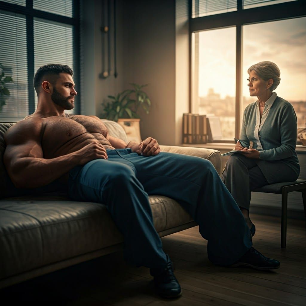 Muscular Man in Therapy Session: Hyper-Realistic