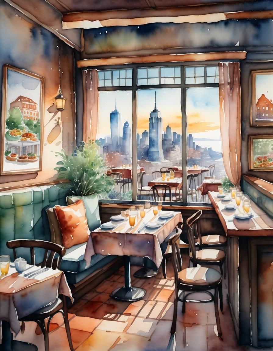 Cozy Restaurant with City View: Watercolor Painting