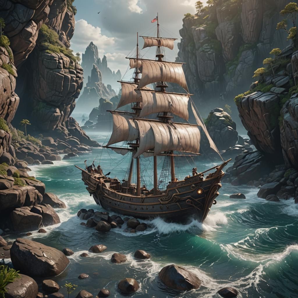 Mermaid Luring Ship in 3D Game Cinematic Style