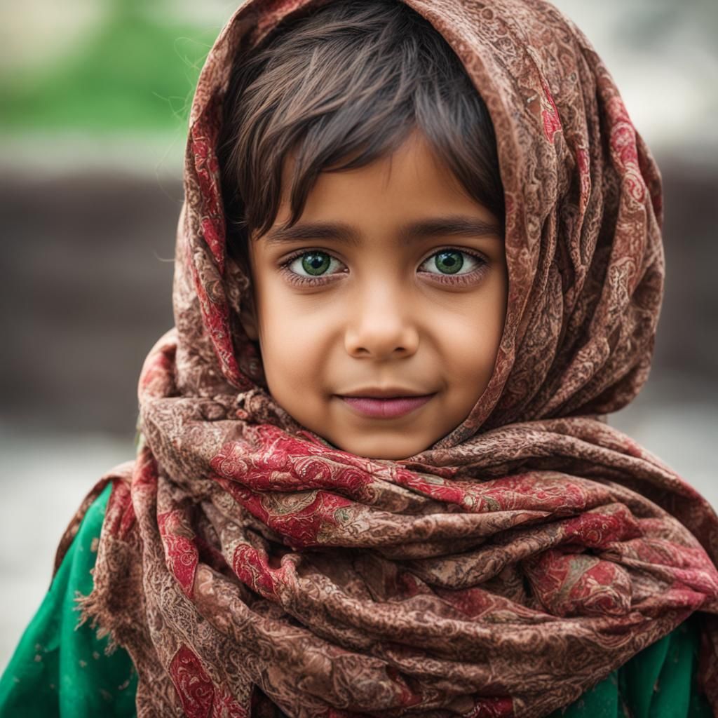 pakistani pretty  hijaby little girl  with green eyes. her messy hijab from pashmina with color red and brown. looks sad...
