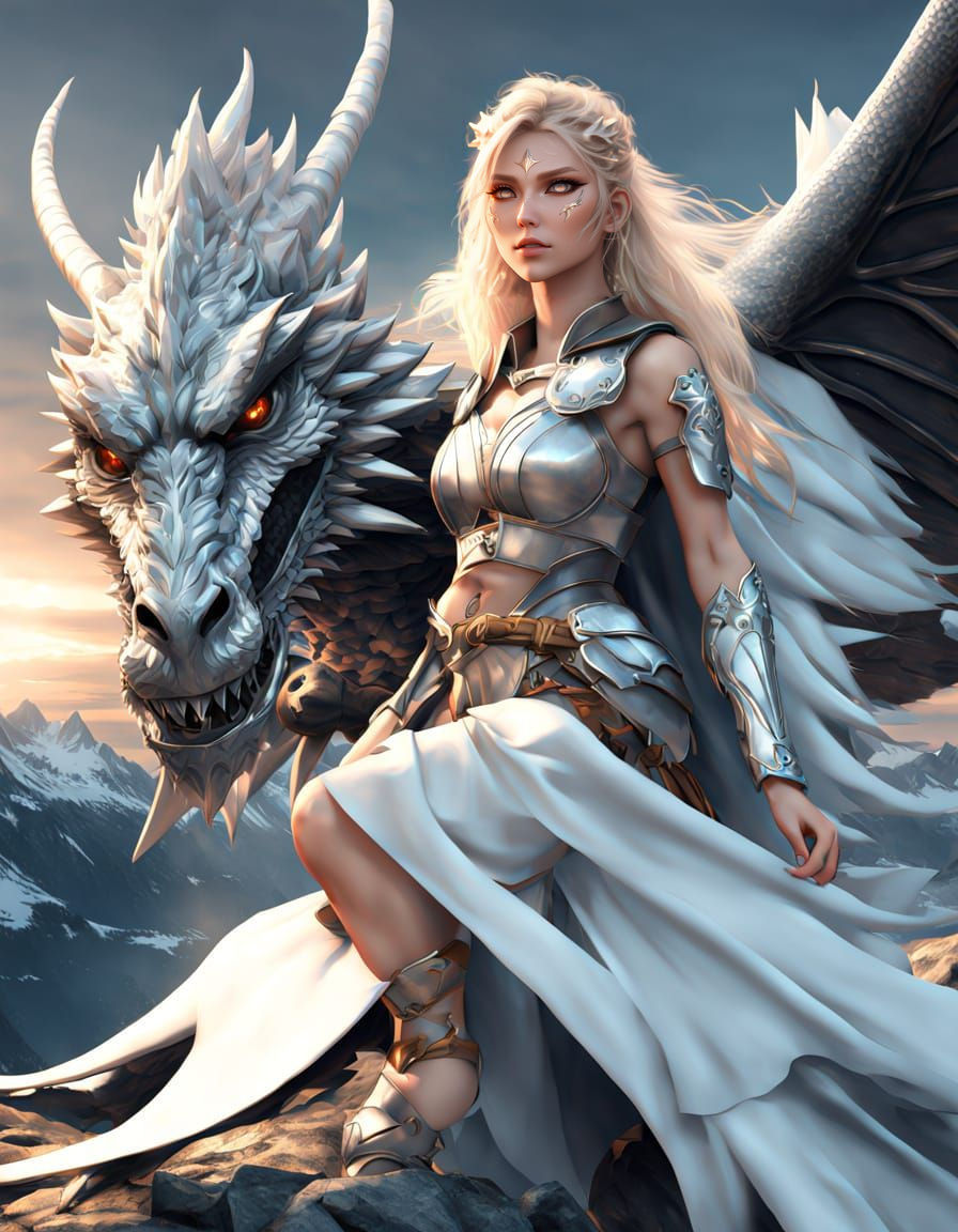 Anime Valkyrie and Dragon over Fjord