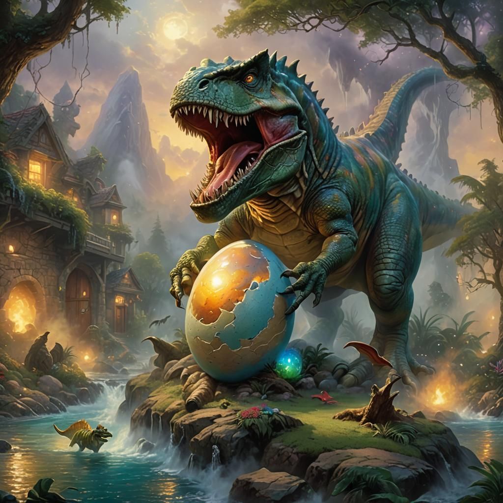 Angry Dinosaur and Broken Egg in Ethereal Fantasy Style