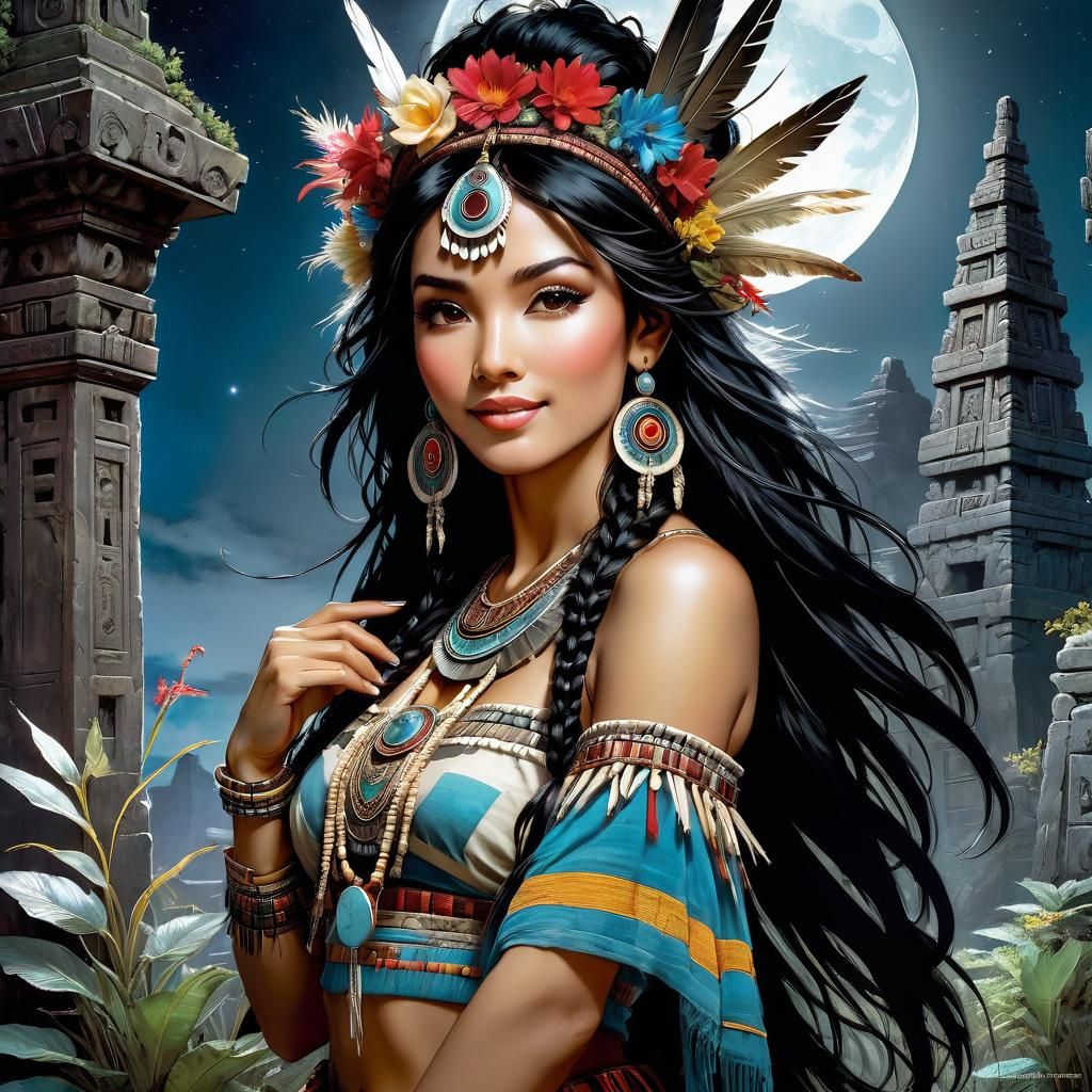 Aztec Princess in Anime Style by Moonlight