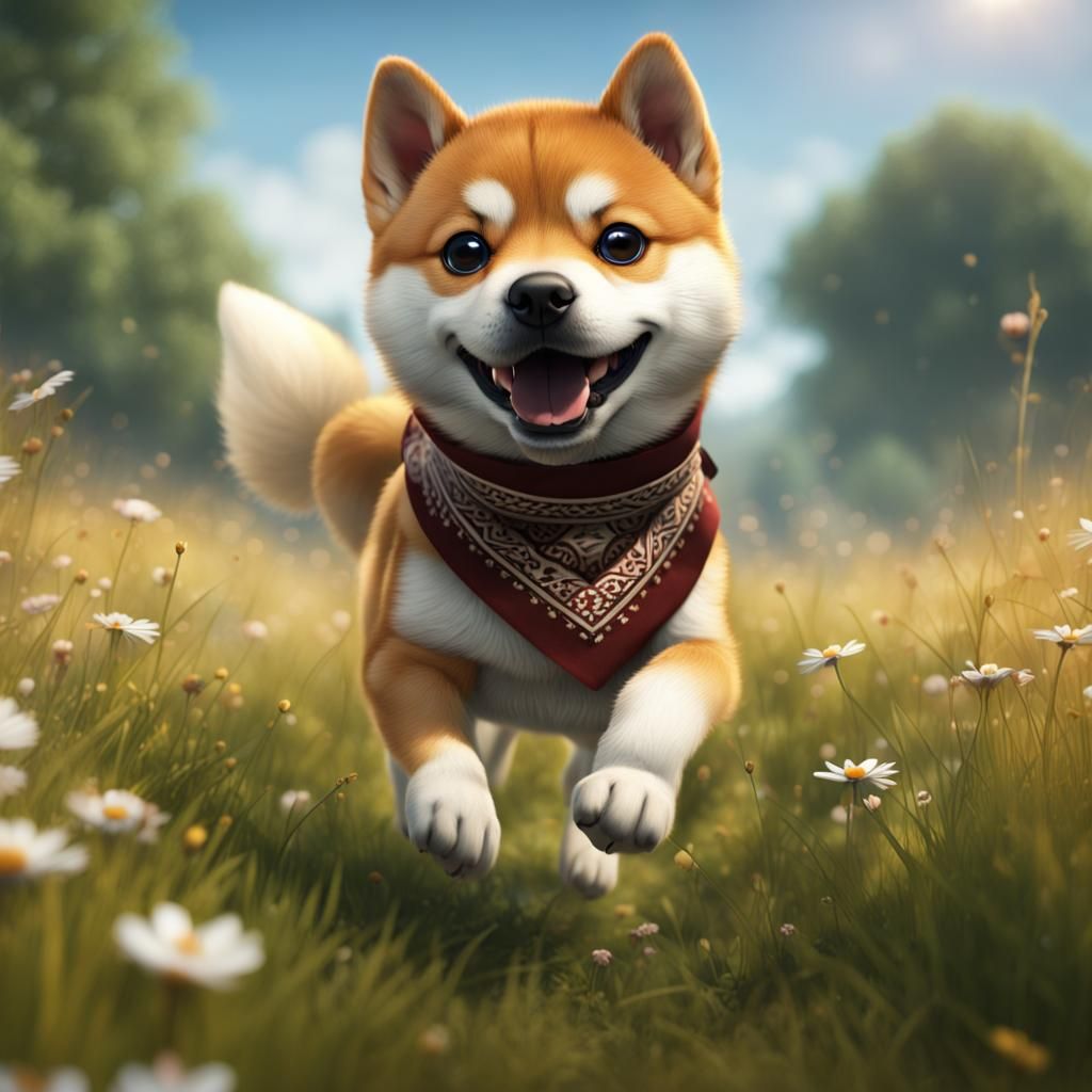 Shiba Inu Puppy Running in Meadow: Fantasy Art