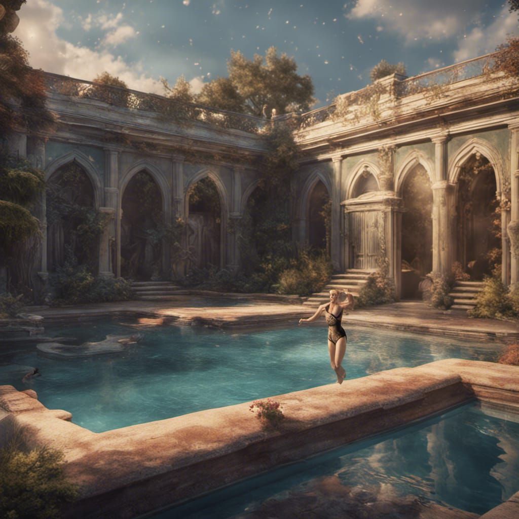 Lizabeth Scott Twilight Pool Dive: Detailed Matte Painting
