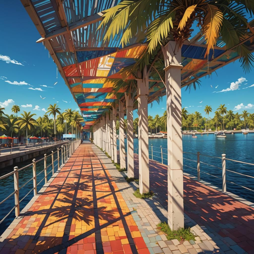 Geometric Shadows on Waterside Path in Splash Art