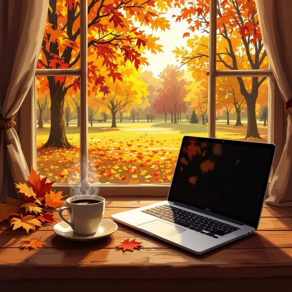 Cozy Autumn Scene: Laptop, Coffee, and Golden Park View