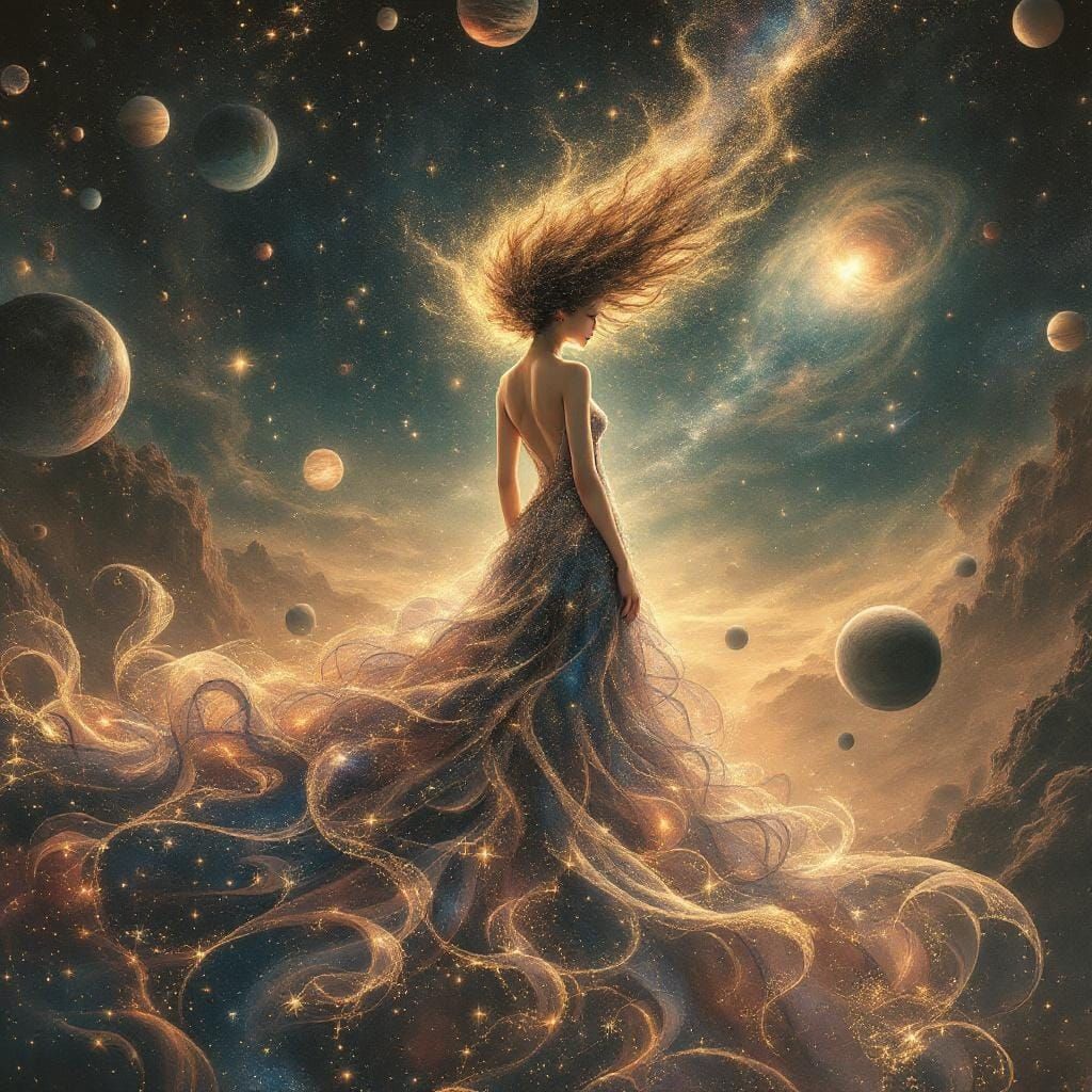 Cosmic Ballroom: Woman in Galaxy Gown, Art Deco Style