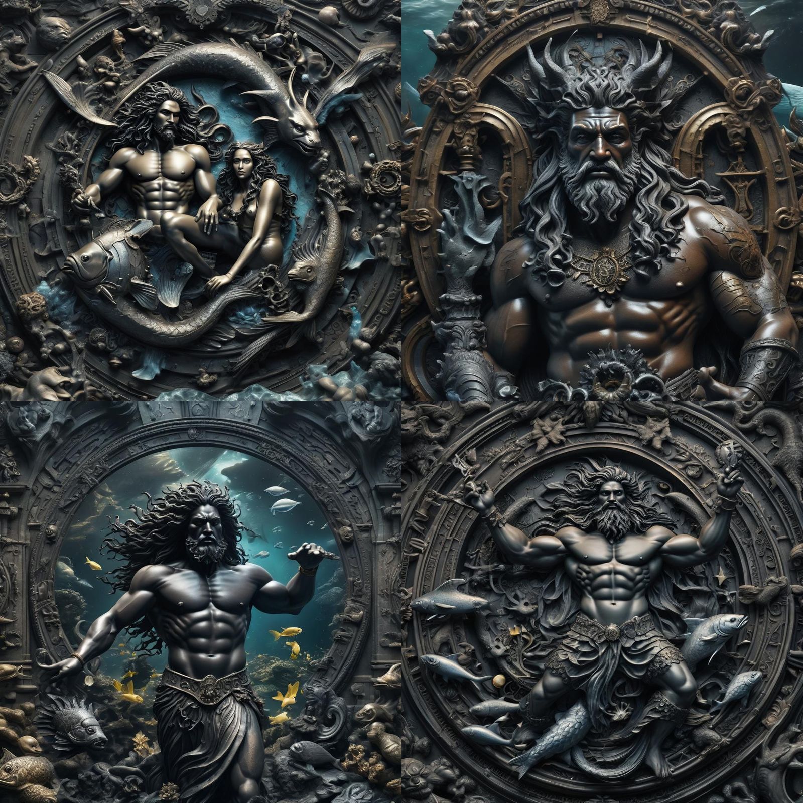 Black Poseidon in Pisces Realm, Hyperrealistic Image