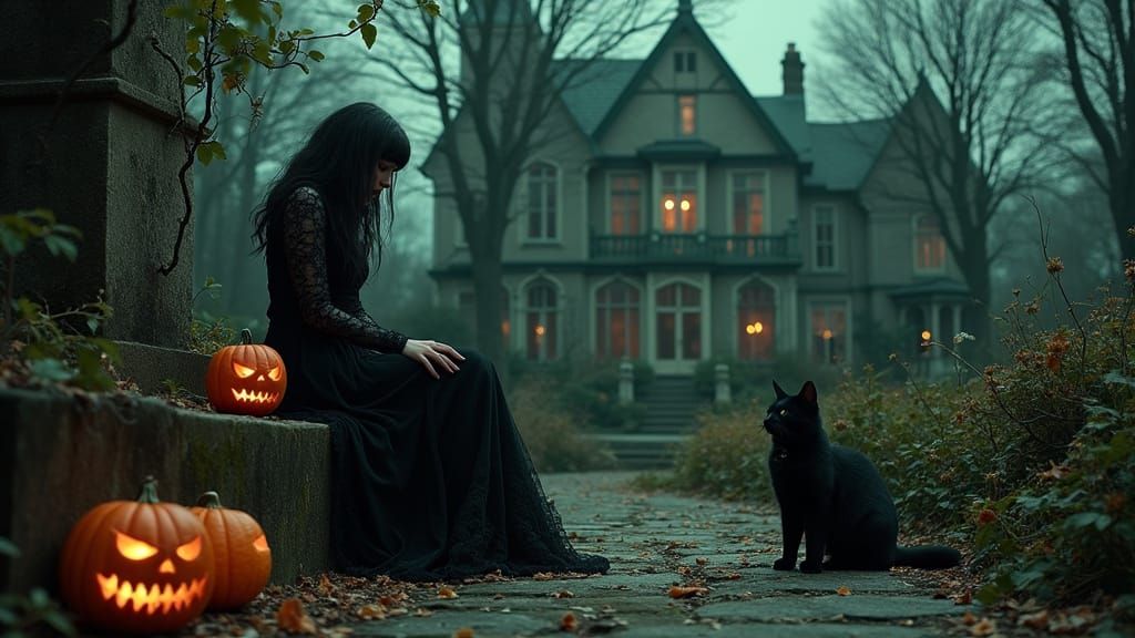 Gothic Woman in Haunted Garden: Cinematic Painterly Style