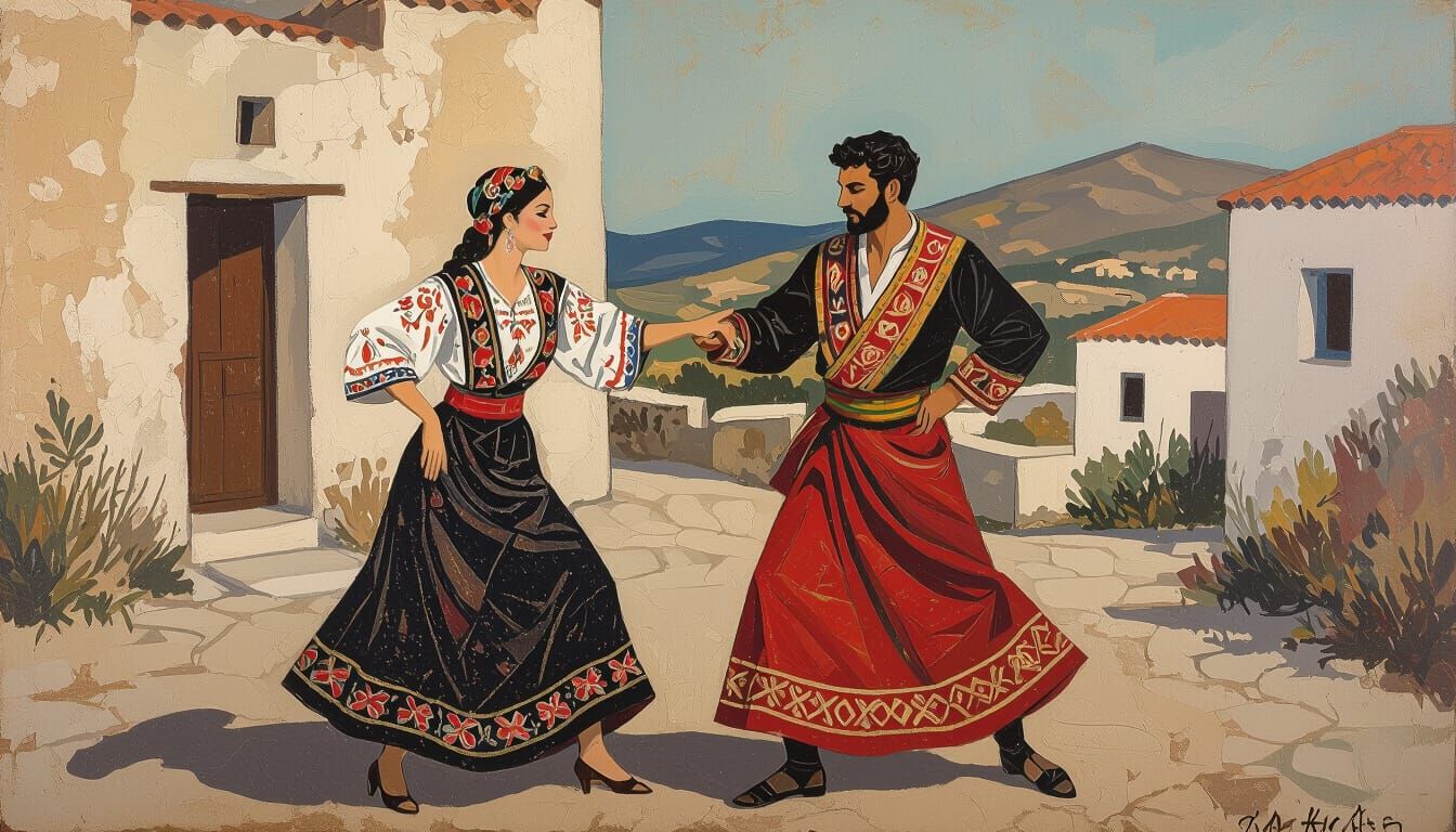 Expressive Greek Dancers in Rustic Village Scene