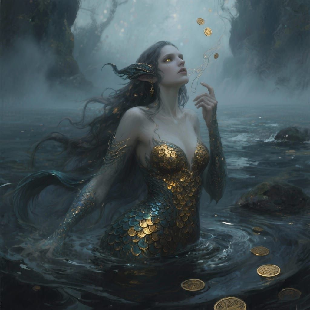 Siren Emerges from Misty Sea in Dark Fantasy Oil Painting