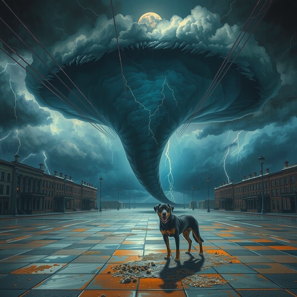 Dog in Stormy Square, Futuristic Art Style