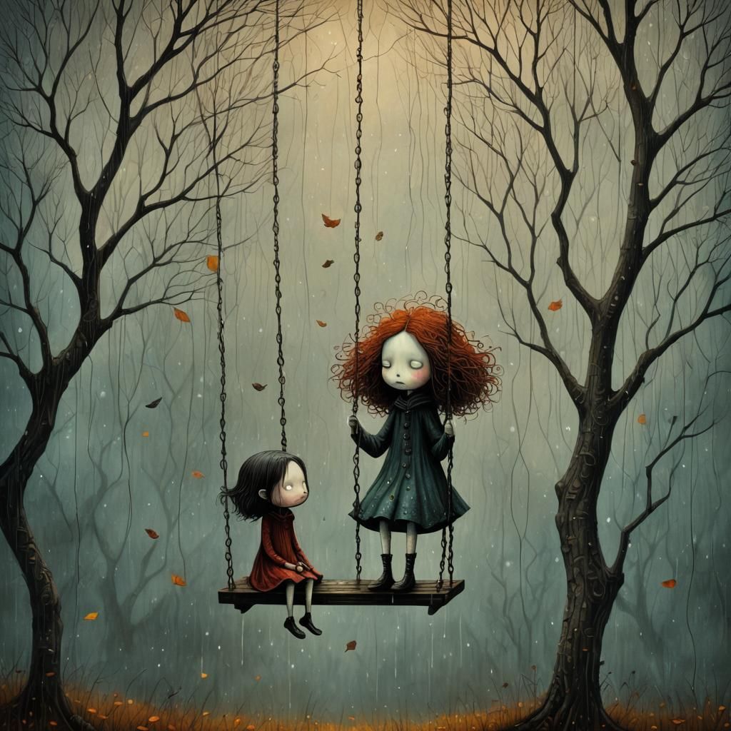 Girl on Swing in Rain: Pop Surrealist Illustration